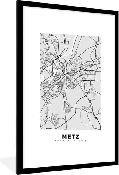 Fotolijst incl. Poster - Plattegrond - Metz - Stadskaart - Kaart - Frankrijk - 60x90 cm - Posterlijst