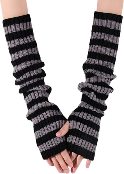 Nivard Polswarmers - Armwarmers Dames - Duimopening - Wol - Armstukken - Winter - Zwart & Grijs Gestreept