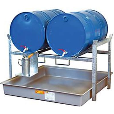 Vatenrek type 800 variant 1 CEMO, met vatensteun en opvangbak, voor 2 x 200 L vaten, B 1410 x H 840 x D 1280 mm