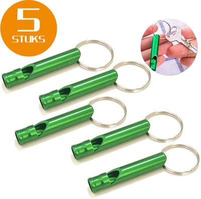 Colorful Sun® Metalen Noodfluit 5 Stuks – Alarmfluit 120 dB met Sleutelhanger – Reddingsfluit voor Outdoor, Wandelen, Camping, Survival & Sport – Hondenfluit – Sport- & Scheidsrechterfluit – Groen