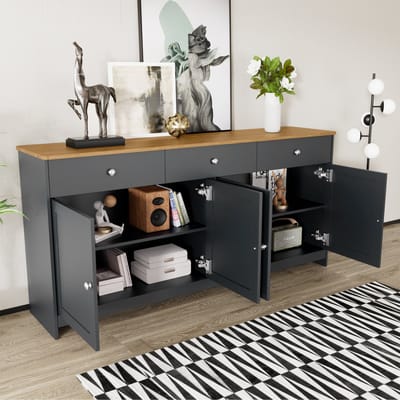 Wishdor Dressoir - 3 Lades En 4 Deuren - Verstelbare Legplanken - Landelijke Stijl - MDF - Zwart En Grijs - 160 X 37 X 75 Cm