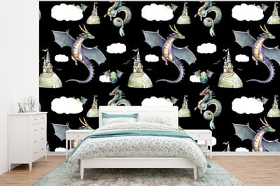 Behang - Fotobehang Jongens - Patronen - Draak - Kasteel - Breedte 320 cm x hoogte 240 cm