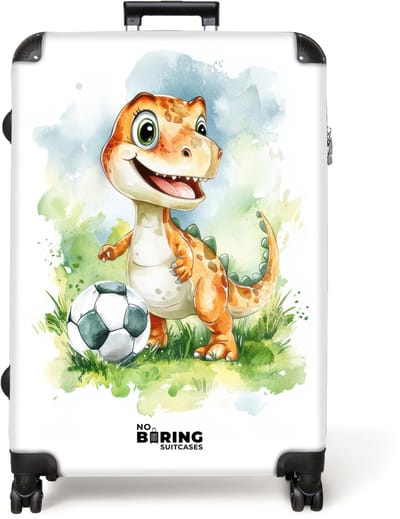 NoBoringSuitcases.com® - Koffer groot - Reiskoffer lichtgewicht - Dino met voetbal in kleurrijk veld - Rolkoffer met 4 wielen - Grote trolley XL - 98 liter bagage