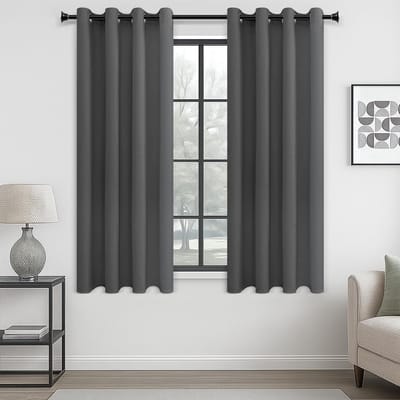 Thermogordijn met ingestanste ringen, ondoorzichtig, kort, modern verduisteringsgordijn voor hotel, kantoor, woonkamer, slaapkamer, kinderkamer, 160 x 140 cm (h x b), donkergrijs, set van 2