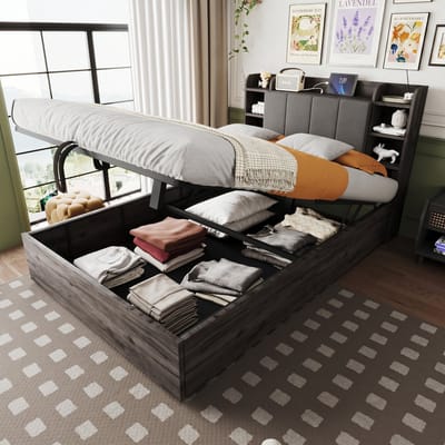 VVBV Houten Bed 140x200 cm met USB-C & Stopcontact, Hoofdbord - Hydraulische Opbergruimte - Hout Grijs - Zonder Matras