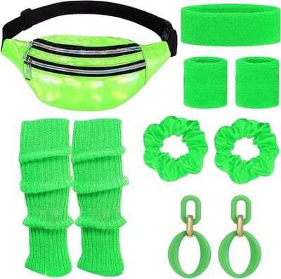 Retro 80s dames outfit met kostuum accessoires zoals hoofdband, beenwarmers en oorbellen voor carnaval en themafeesten
