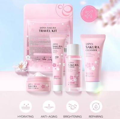 Japan Sakura - Moisture Surge Set - gezichtsreiniging - gezichtsverzorging - vakantie - moisturizer set - 4 stuks - cleanser - toner - sunscreen - essence cream - voor de normale tot droge huid