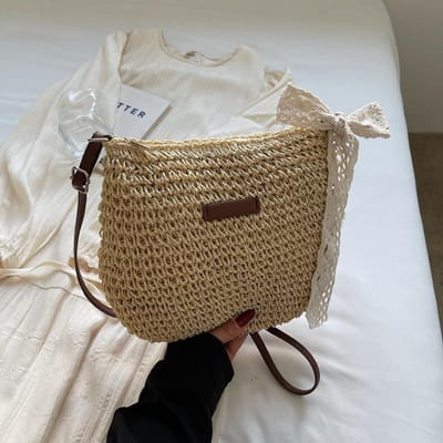 Sac Tissé en Paille Tissé Bandoulière pour Femmes Grande Capacité Nouveau Sac Seau d'Été Polyvalent Sac de Plage Vacances au Bord de la Mer gray