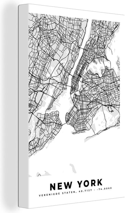 Canvas Schilderij New York - Stadskaart - Zwart Wit - Plattegrond - Kaart - 20x30 cm - Wanddecoratie