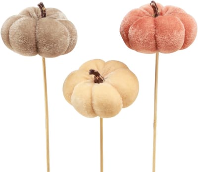 Decoratieve pompoen van stof op stokje geel bruin oranje Ø7cm 9 stuks,