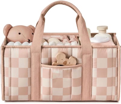 Momy-Babytas-Luxe Luiertasje Zachte Stof – Grote Capaciteit – Afneembare Vakken – Lange Handvatten-Roze dambordpatroon 24*17*8 CM