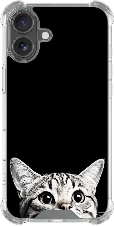 Shockproof hoesje geschikt voor Apple iPhone 17 - Kat kiekeboe - Schokbestendig - Verhoogde randen - TPU case - Extra Sterke Back Cover - Print - Transparant, Zwart