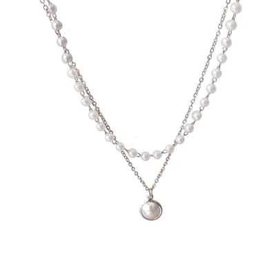 Fler® | Stijlvol | Klassiek | Luxe | Dubbele Ketting Dames | Dubbele Collier Vrouw | Parel | Kralen | Parelhanger | Zilverkleurig