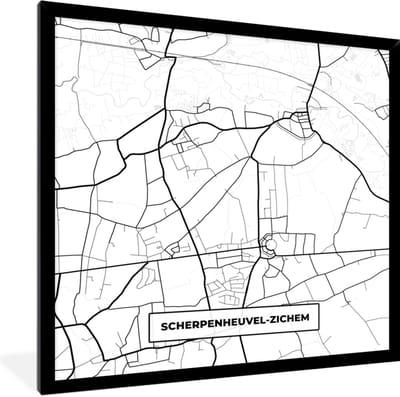 Fotolijst incl. Poster Zwart Wit- België – Scherpenheuvel Zichem – Stadskaart – Kaart – Zwart Wit – Plattegrond - 40x40 cm - Posterlijst
