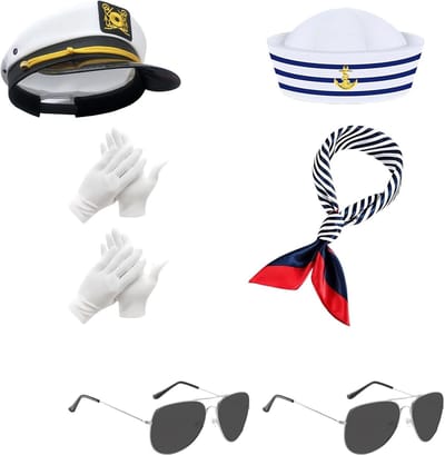 Vrouwelijk zeeman kostuum 7-delige set – inclusief kapiteinspet, zeeman muts, sjaal, handschoenen en bril – perfect voor themafeesten, carnaval en verkleedpartijen in marine stijl