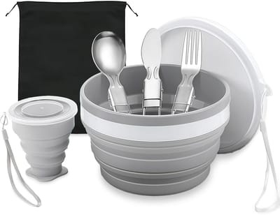 Dailygoods- Campingservies 6-delig - Roestvrijstalen Bestekset - Beker - Kom - Bord - Compact en Opvouwbaar - Kampeeruitrusting