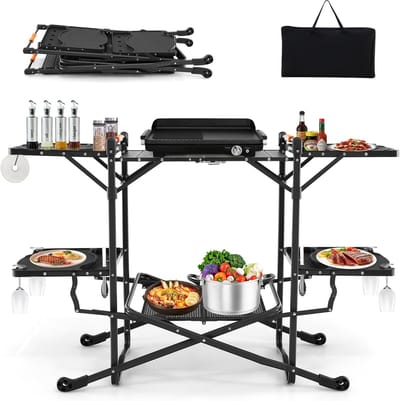 KOMFOTTEU Campingkeuken, opvouwbaar, reiskeuken met 4 zijtafels en aluminium tafelblad, campingtafel, picknicktafel, inklapbaar, outdoorkeuken met draagtas, voor camping, picknick, barbecuefeesten