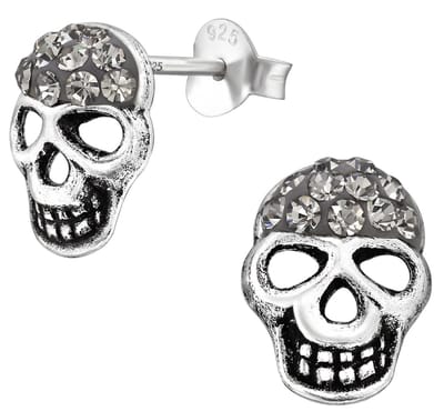 Joy|S - Zilveren schedel skull oorbellen - 8 x 10.3 mm - kristal - geoxideerd - doodskop oorknoppen