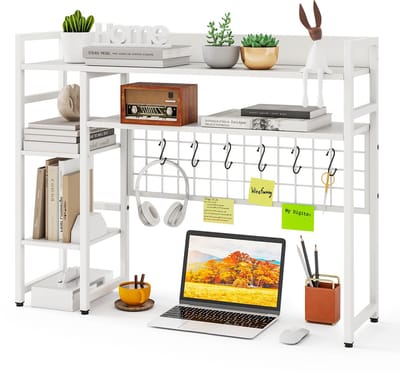 COSTWAY Bureaurek, tafelrek met 4 planken en 6 haken, bureau opzet-rek voor monitoren, boekenplank voor werkblad, opbergorganizer, 94 x 25 x 74 cm (wit)