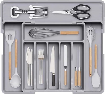 Bestekbak, uittrekbaar dienblad, opslag van compact kunststof, keukenbestek, bestek, lepels (grijs)