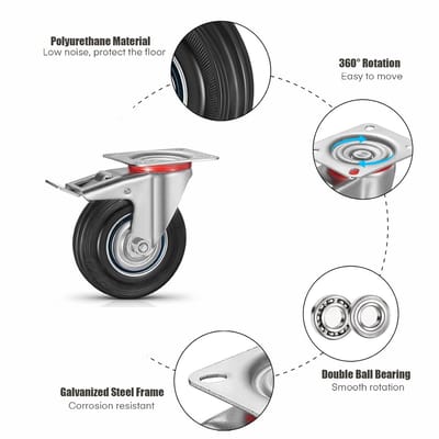 Set van 4 Zware Zwenkwielen 125 mm met Rem - 360° Draaibaar en Geluidsarm