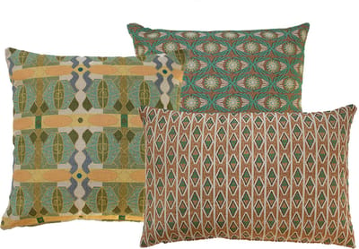 NIN-NIT - Nature Fleurs kussenset - 3 verschillende sierkussens met bloemen en natuurprint - Bladeren - Strepen - Ruitjes - groen - oranje - bruin - beige - oker - turquoise - multicolor - 100% geweven katoen - 50 x50 cm - 60x40 cm