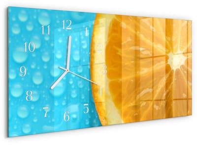 Tulup Wandklok - Oranje Gekleurde Glazen Klok - 60x30 cm - Oranje Glazen Klok Met Print - Witte Handen - Rechthoekige Wandklok - Wandklok Glas Decoratie - Gekleurde Glazen Klok