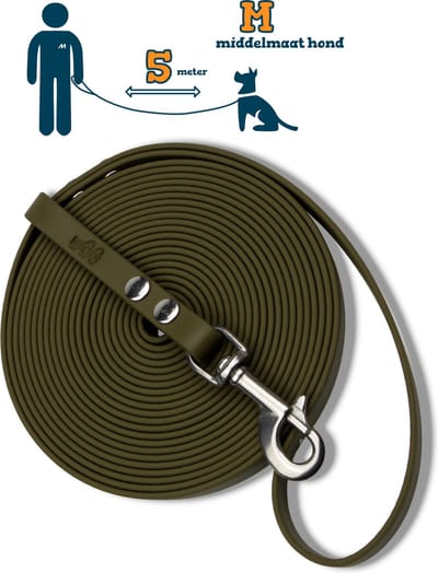 Miqdi lange lijn - BioThane® – olijfgroen - 5 meter lang – 13mm breed – M – middelmaat hond – lange hondenriem