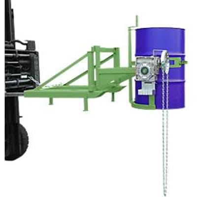 Vatkipper Bauer type FD/L, voor vaten van 110 tot 220 l, 360 kg, 270° kippen, met eindeloze ketting, vorkheftrucksteun, reseda groen RAL 6011
