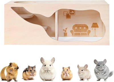 KZQ Houten Hamsterhuis — Hamsterschuilplaats met trap en woonruimte — Benodigdheden voor kleine dieren — Huisdieraccessoires — Tunnel- en ontdekkingsspeelgoed — Geschikt voor hamsters, Syrische hamsters en andere kleine huisdieren — 30 x 12 x 12 cm