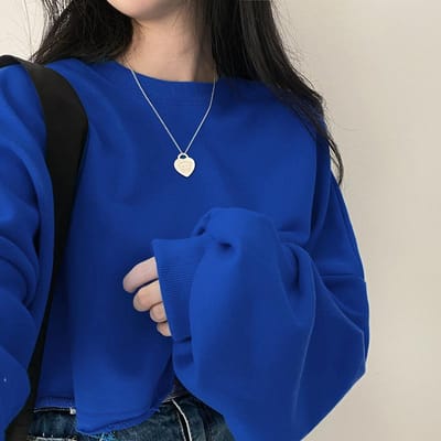 Kort Sweatshirt voor Dames in de Herfst Koreaans Effen Kleur Nieuw Los Truffel Ronde Hals Dames Top voor Vrouwen One size blue