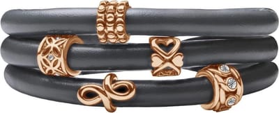 Quiges - Leren Wikkelarmband Grijs 66cm met Aanschuif Bedels Roségoudkleurig - RVS Magneetsluiting - ELBS109