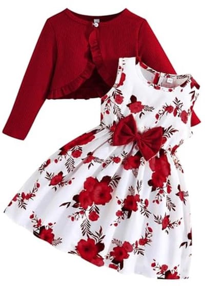 Jurk voor meisjes met cardiganset, bloemenjurk, mouwloos, met ruches, lange mouwen