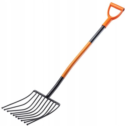 KADAX Aardappelvork met lange steel, steenvork van robuust staal, vork met D-greep, spatvork, hooivork, mestvork, rawvork, tuinvork (10 tanden, zwart/oranje)