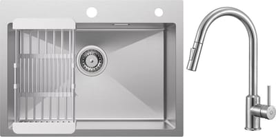 CECIPA max Spoelbak Keuken 60x45cm - Spoelbakken Met Keukenkraan Met Uittrekbare Uitloop - Multifunctionele Spoelbak Keuken van roestvrij staal - Spoelbakken met Afdruip - Zilver