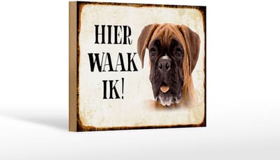Houten bordje van FEMER 18x12cm met tekst Nederlands Hier Waak ik Boxer Hond Decoratie
