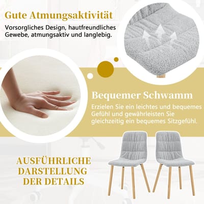 HAUSS SPOLE Eetkamerstoel - Luxe Stoffen Design - Set Van 2 - Ergonomisch Met Geplooide Rugleuning En Massief Houten Poten - Voor Eetkamer En Keuken - Lichtgrijs
