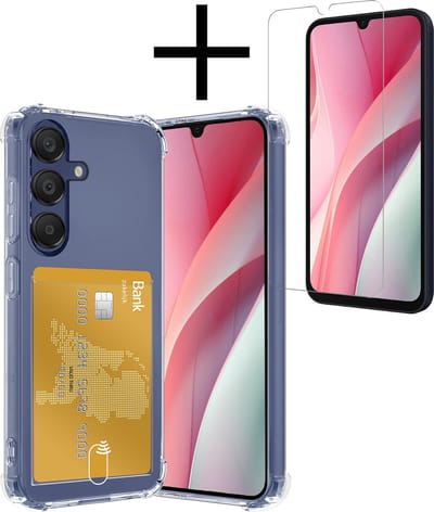 Hoesje - Geschikt voor Samsung Galaxy A15 - Met Screenprotector - En Pashouder - En Kaarthouder - Telefoon Hoes Shockproof - Siliconen Case - Back Cover - Shock Proof - Pasjes Houder - Transparant