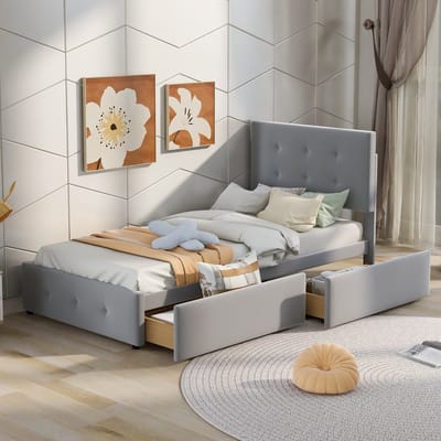 90 x 200 cm Gestoffeerd bed met bedbodem rugleuning en twee lades - Grijs - eenpersoonsbed - kinderbed - zonder matras