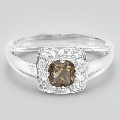 Cavill - Damesring 925 Zilver met 0,38 ct Braziliaanse Rookkwarts en 34 Witte Saffieren - Elegante Pavé Antiek Slijpsel
