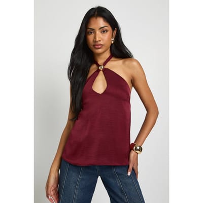 boohoo Dames Trim Detail Gehamerde Satijn Haltertop | Bordeaux Rood | Maat: 40