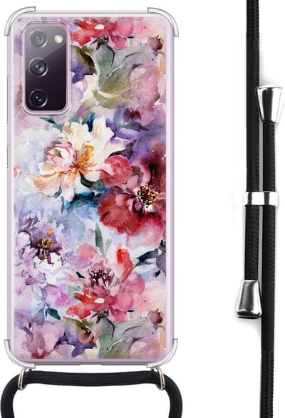 Telefoonhoesje met koord geschikt voor Samsung S20 FE - Bloemen Acryl - Inclusief koord - Transparant, Roze - - Crossbody beschermhoes - Met Telefoonketting