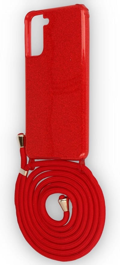 HB Hoesje Geschikt voor Samsung Galaxy S21 - Rood - Glitter Back Cover met Koord