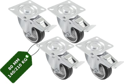 AMIG Zwenkwielen Met Rem 80mm Set van 4 - 210kg Rubber Meubelwiel Rollager