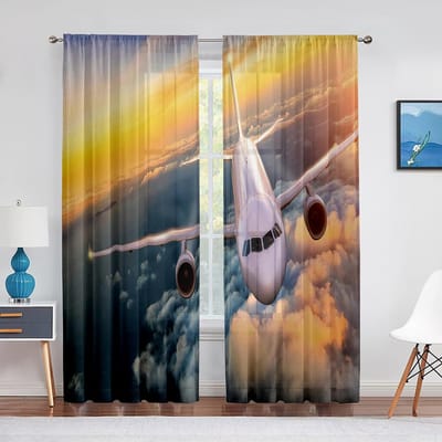 Vliegtuig Vliegend Boven De Zee Zonsondergang Natuurlijke Transparante Gordijnen voor Woonkamer Chiffon Voile Raam Slaapkamer Tule Gordijnen Vitrages 1 PCS W100XH250cm&Grommet Top