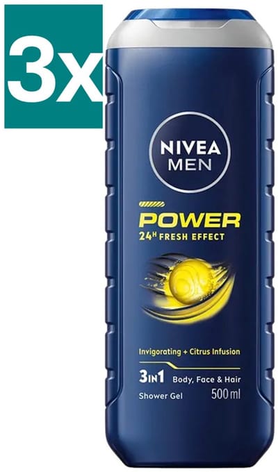 NIVEA MEN Power fresh Douchegel - 3-in-1 Shower Gel - Shampoo - Voordeelverpakking - 3 x 500 ml