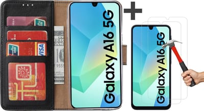 Hoesje met Screenprotectors Geschikt voor Samsung Galaxy A16 (5G/4G) – Arara bookcase met pasjeshouder - Zwart - 2 Stuks