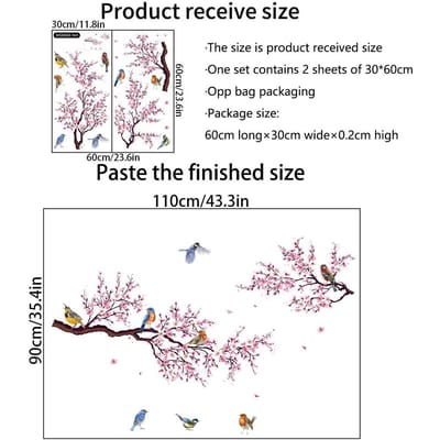 Stickers Muraux Floraux Oiseaux Branche Fleurs de Pêcher Roses pour Chambre Salon Meubles Fond Autocollants Muraux Muraux PVC