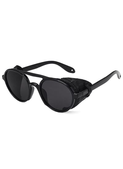 KIMU® Motor Zonnebril - Zwart Montuur - Zwarte Glazen - Vintage Retro Seventies Motorbril Carrera-Look Zijflappen Dichte Zijkant Festival
