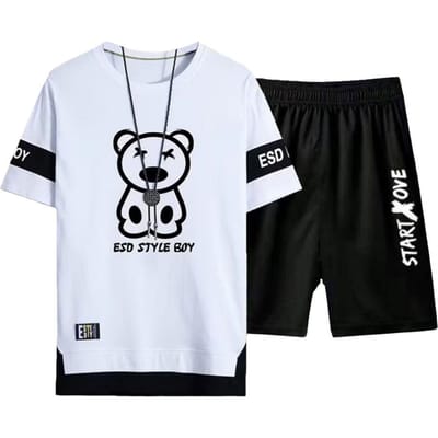 2 stuks/set Heren Sport Outfit Ronde Hals Korte Mouw Beer Patroon T-shirt Elastische Taille Wijde Pijp Shorts Set Ontspannen Pasvorm Geschikt Sportkleding B Praktisch Gebruik M
